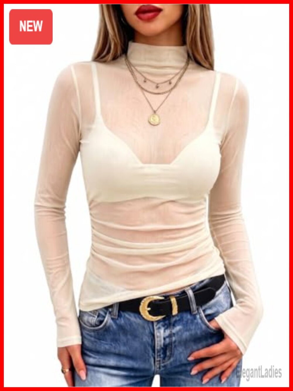 Ruched Mesh Top Sheer Long Sleeve Mock Neck Slim Fit Pullover